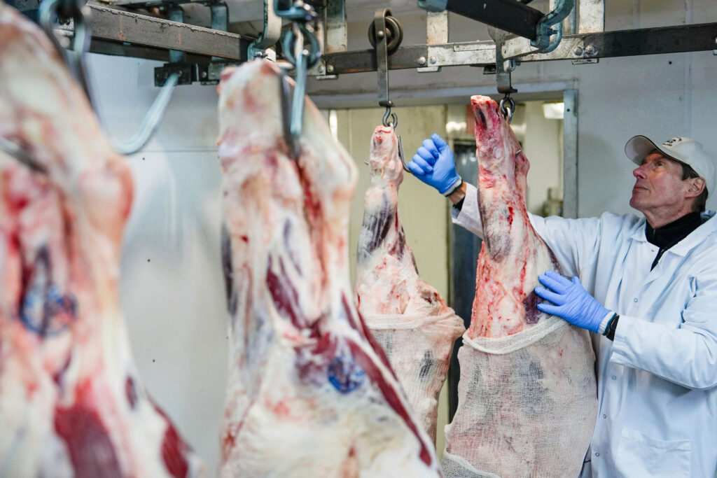 Câmara fria para açougue com carnes armazenadas em temperatura ideal, instalada pela Thermcam.
